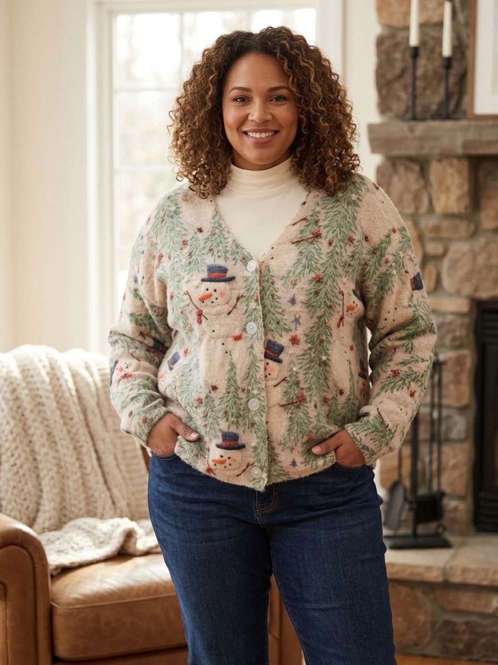 Women's 1XL Fuzzy Snowman & Pine Tree Holiday Cardigan Sweater V-Neck Button Up